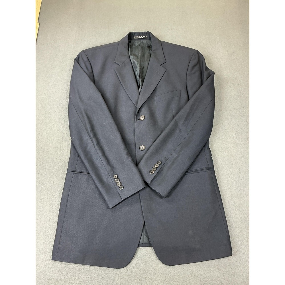 HUGO BOSS Blazer Mens 44 Long Blue Herringbone Wool Tweed Made USA Suit Jacket‎